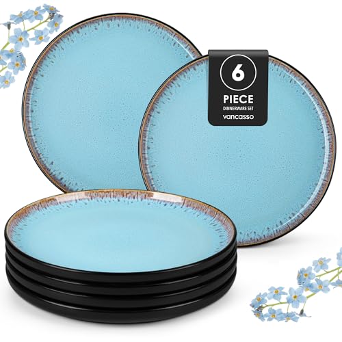 vancasso Amber Dinner Plates Set of 6, 10.5in Ceramic Plate, Microwave and Dishwasher Safe, Scratch Resistant and Lead-Free, Unique Handmade Dessert Plate for Kitchen and Entertaining(Blue)