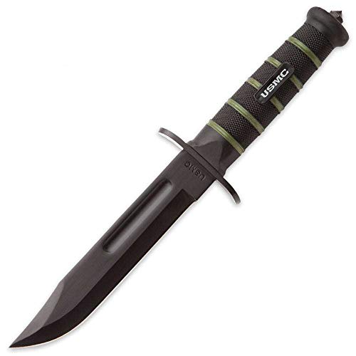 USMC Blackout Combat Fighter Fixed Blade Knife – 420 Stainless Steel Clip Point Blade, Rubberized Injection Molded Handle with Textured Grip – Innovative Knife for Modern Users - 12 1/4" Overall
