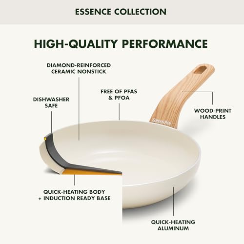 Image of GreenPan Rio Essence Wood 10 Piece Cookware Pots and Pans Set, Healthy Ceramic Nonstick, PFOA & PFAS-Free Coating, Induction, Silicone Rim Lids, Stay-Cool Wood Print Handles, Dishwasher Safe, White