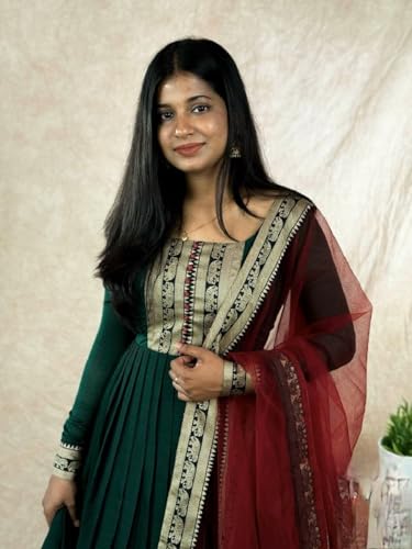 Image of Elegant Vichitra Silk Gown with Jacquard Zari Border - Includes Soft Net Dupatta with Lace Trim - Parrty Wear Ethnic Dress for Women & Girls