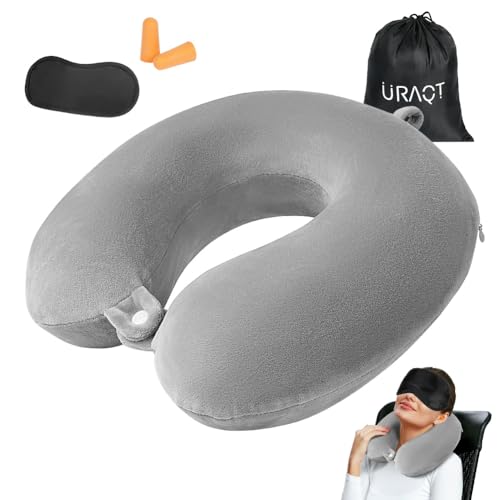 URAQT Cuscino da Viaggio, Cuscino per il Collo in Memory Foam, Cuscino Cervicale da Viaggio con Maschera per Dormire, Tappo per le Orecchie, Cuscino per Auto, Aereo, Ufficio, Casa(Grigio)