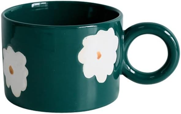 Nordic Hand-painted Flower Ceramic Mug Personality Tea Cup With Round Handle Emerald Couple Coffee Cup