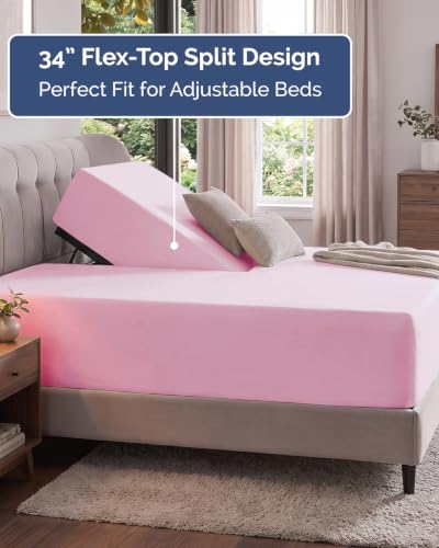 Image of Extra Deep Flex Top Split Head King Fitted Sheet - Hotel Luxury Single Fitted Sheet Only - Easily Fits 18 inch to 24 inch Mattress - Ultra Soft, Wrinkle Free w /Extra Deep Pockets - Light Pink