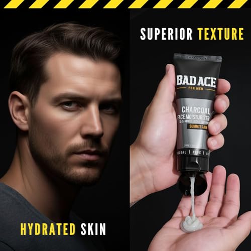BAD ACE Daily Men's Face Moisturizer for Oily Skin, Premium Korean Skin Care Hydrating Facial Cream, Charcoal Face Lotion with Natural Extracts, Men’s Skin Care, Summit Rain, 3 oz
