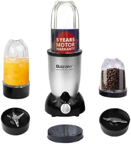 Balzano Bullet Mixer Grinder 500W, 3 Jars, 2 Blades, 2 Lids, Italian Premium Brand, Pulse Function, Blender for Smoothies and Juices/Smoothie Maker, Portable Blender, Grinder for Kitchen, Silver