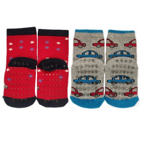 Image of NOFALL Anti Skid Robot & Car Design Cotton Socks for Kids, Ankle Length, Comfortable for Daily Use for Boys & Girls, Red & Light Grey, Pack of 2