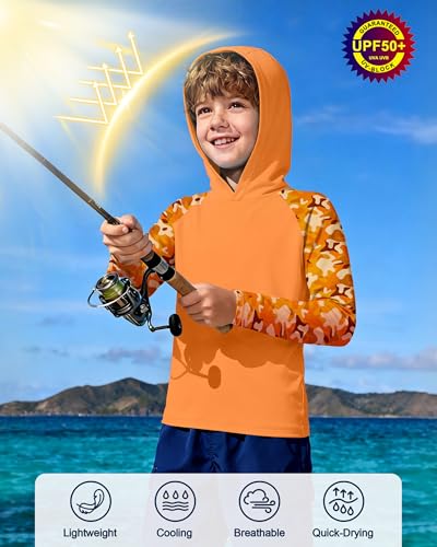 Image of Boys Rash Guard Swim Hoodie, Kids Long Sleeve Sun Fishing Shirts