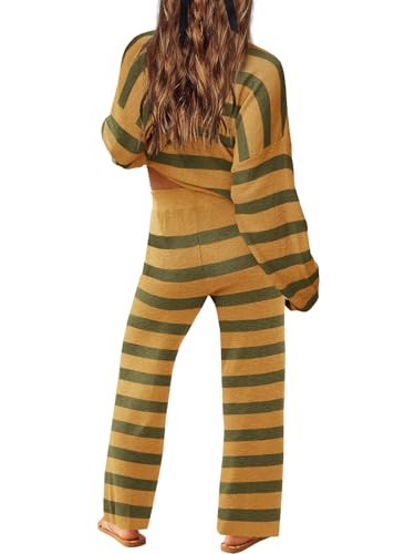 Image of LAMISSCHE Oversized Womens Lounge Set Striped Sweater Set Long Sleeve 2 Piece Pajama Set Top and Pants with Pockets