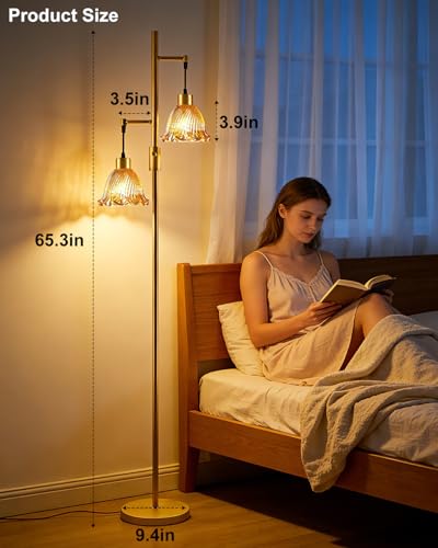 Image of Lightdot 2- Light Gold Flower Floor Lamp for Living Room, 65IN Dimmable Floor Lamps with Amber Glass Shade& Warm White Bulbs, Modern Standing Tall Lamp with 5Lbs Heavy Base for Bedroom Home Office