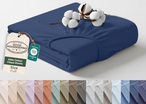 Image of Royale Linens 100% Organic Cotton Full Fitted Sheet Only - Percale Weave - Super Soft Deep Pocket Bottom Sheets - Navy Elastic Sheet - Full Size Fitted Sheets Only - (54 inchx75 inch+15 inch, Navy)