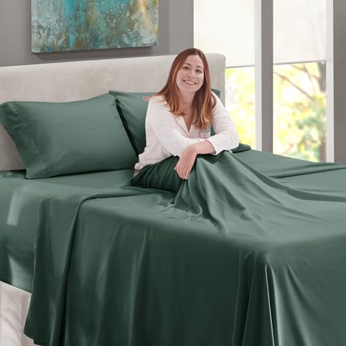 Image of Nestl Full Size Sheet Set, 4 Piece Extra Deep Pocket (18-24 inches), Microfiber, Hotel Luxury, Soft, Breathable, Wrinkle-Free, Easy to Care, Forest Green