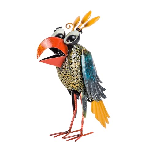 Alpine Corporation 12' Tall Outdoor Metal Wide-Eyed Bird Standing Yard Statue Decoration, Multicolor