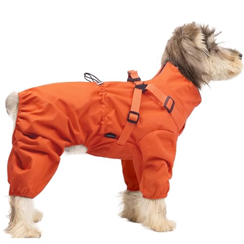 BRKURLEG Hunde-Regenmantel für kleine und mittelgroße Hunde, Regenmantel für kleine Hunde mit integriertem Geschirr, 4 Beine, Orange, Größe M