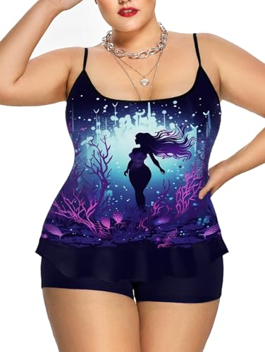 Rosegal Plus Size Women Gothic Tummy Control Modest Tankini Swimsuit Mermaid Print Boyleg Padded Tankini Swimwear2