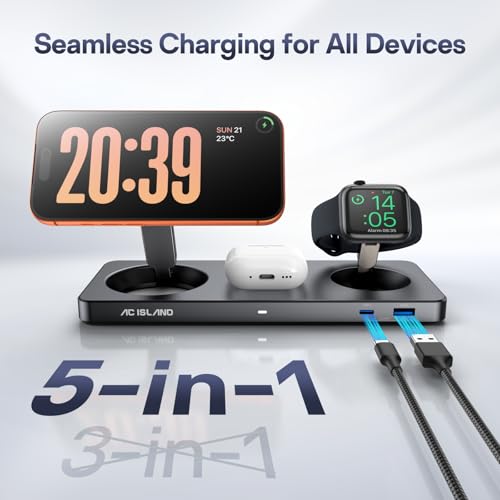 Image of AC ISLAND 5-in-1 Wireless Charger for MagSafe, 25W Foldable Magnetic Stand, Qi2.2 Travel Charging Station for iPhone 17-12 & Air Series, Apple Watch, AirPods, with 65W GaN Adapter, Samsung Galaxy