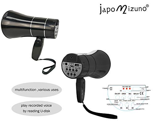 Japomizuno Bullhorn/Rechargeable Megaphone Speaker With 240'S Recording,Siren,U-Disk Player,Rechargeable Battery Included (Black) #TOP3