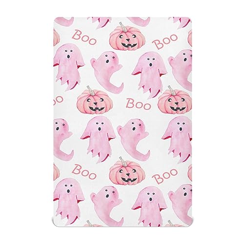 Image of Halloween Ghosts Pink Crib Sheets Soft Breathable Fitted Baby Crib Sheets Mattress Cover for Girl Boys, 52 inch x 28 inch x 9 inch