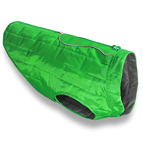 Kurgo Loft Dog Jacket - Reversible Fleece Winter Coat - Cold Weather Protection - Wear With Harness Or Additional Layers - Reflective Accents, Leash Access, Water Resistant - Grass Green/Charcoal, M
