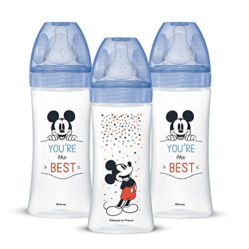 Dodie Lot de 3 Biberons Anti-Colique Initiation+, Mickey, 330ml, +6 Mois, Tétine Ronde, Débit 3