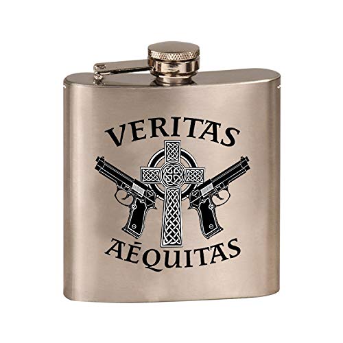 Aequitas Veritas Saints Gun Celtic Cross - 3D Color Printed 6 oz. Stainless Steel Flask (Steel Silver)