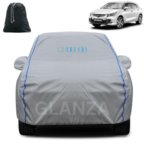 Image of GROOFOO Waterproof Car Body Cover with Mirror Pockets Compatible with Toyota Glanza | Triple Stitch Blue Piping Car Cover UV & Dust Proof All-Weather Protection, Adjustable Buckle (Grey)