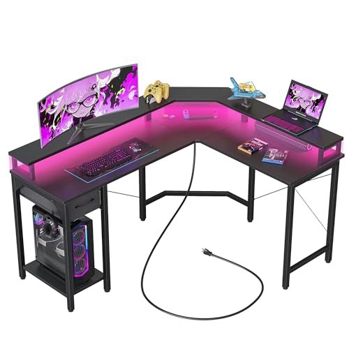 Image of CubiCubi 59 Inch L Shaped Desk with USB Charging Ports and LED Lights, Corner Computer Desk with Drawer and Storage Shelf, Home Office Desks with Monitor Stand and Power Outlets, Black