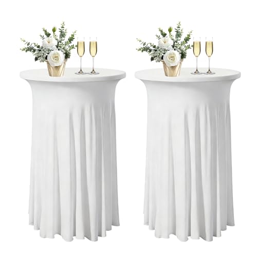 BYZESTY Lot De 2 Nappe Mange Debout 60 X 110 Cm, Blanche Housse pour Table Haute, Housse pour Table Haute Ronde, Extensibles en Spandex Nappe pour Cocktail...