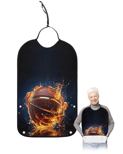 LEOKOTI Basketball Adult Bibs for Eating, Waterproof Bibs with Food Catcher & Adjustable Snap Closure, Flame Basketball Modern Abstract Art Washable Clothing Protectors Adult Bibs for Elderly