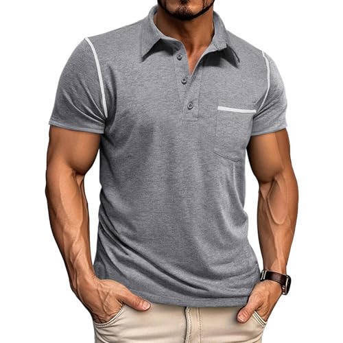Mens Casual Polo Shirts Classic Short Sleeve Basic Golf Button Shirt with Pocket Grey