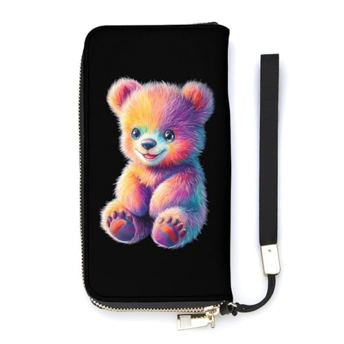 Furry Bear Glow Art Women's Leather Clutch Wallet with Zip Card Holder Hand Strap Large Capacity