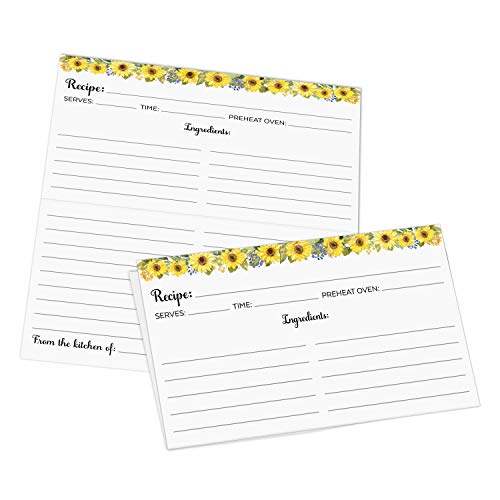 321Done Folding Recipe Cards, 6x5 to 3x5, Set of 50, Sunflowers, White