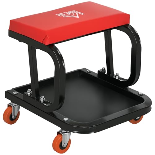 HOMCOM Werkstatthocker mit Rollen Ablagefläche 37cm hoch Rollhocker bis 100 kg belastbar Arbeitshocker Rollsitz Werkstattsitz für Werkstatt Rot