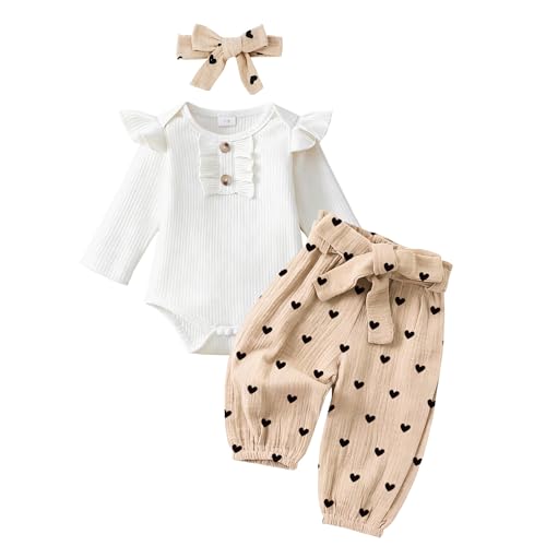 Image of EVERGIFTKIDS Newborn Baby Girl Clothes Ribbed Knit Romper Heart Daisy Print Pants for 0 3 6 12 18 24 Months Girl Outfits