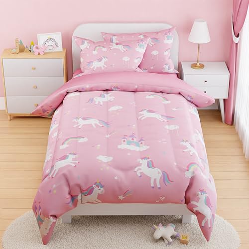 Image of SANDJEST Unicorn Comforter Set Twin Size 68x86in for Kids Girls, Microfiber 3 Pcs Bedding Set Includes 1 Comforter, 1 Pillowcase, 1 Fitted Sheet, Nursery Room Decor