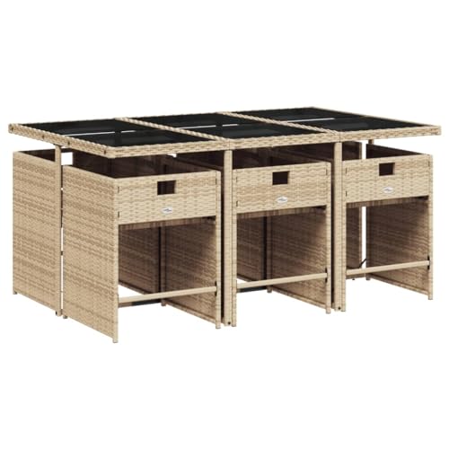 Image of 6-Piece Patio Dining Set with Tempered Glass Table and High-Back Chairs, Modern Outdoor Furniture in Beige Poly Rattan and Black Steel Frame, Weather-Resistant Garden Seating