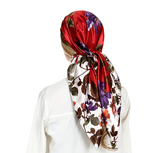 RIIQIICHY Head Scarf for Women Like Silk Satin Scarf for Hair Wrapping at Night Bandana Square Scarf for Sleeping 35 Inch Red/White/Purple