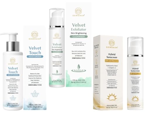 Image of SPF 50 PA++++ Hybrid Sunscreen 50mL, Velvet Touch Moisturizer 100mL & Velvety Exfoliator Brightening Face Wash 50mL Combo | Hyaluronic Acid, Vitamin E, Glutathione, Kojic Acid & Vitamin C | Sun Protection, Hydration, Exfoliation & Brightening | Suitable for All Skin Types