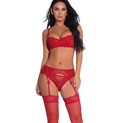 Women Push Up Embroidery Bras Set Lace Lingerie Bra and Panty & Garter Belt Suspender & Thigh High Stocking Socks 4 Piece/Set, Red, US 36D = Tag 85D Cover