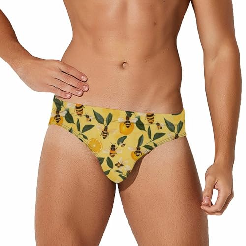 Yellow Lemon and Bee Printed Swim Briefs for Men Sexy Bikini Swimwear Elastic Beach Trunks Bathing Suit