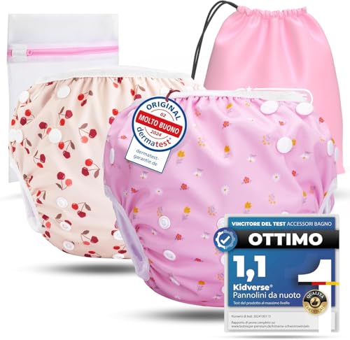 KIDVERSE set da 2 pannolini acquatici baby 0–3 anni – pannolino piscina neonato riutilizzabile e delicato sulla pelle – pannolini da nuoto con borsa e rete per lavaggio