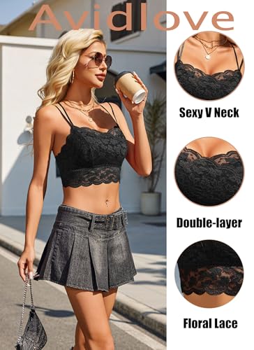 Image of Avidlove Bralettes for Women Lace Camisole V Neck Double-Layered Adjustable Strap Tank Cami Crop Top