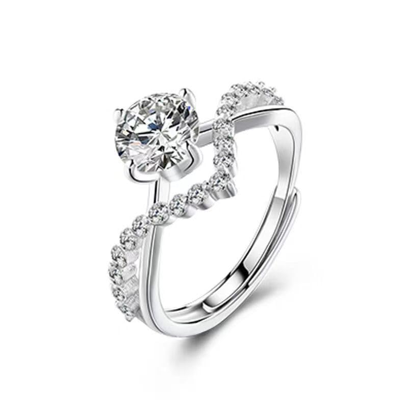 Crown-Inspired Moissanite Engagement Ring for Women, 4-Prong Solitaire with Pave Accents, Silver-Tone Adjustable Band2