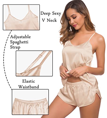 Image of SWOMOG Womens Silk Satin Pajamas Sets 4pcs Sleepwear Sexy Cami Shorts Set and Button Down Short Sleeve Pjs Loungewear