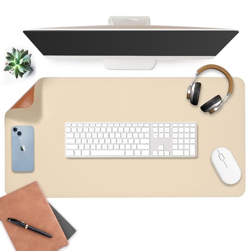 Image of AROPANA Vegan Leather Desk Mat | Large Reversible Mouse Pad & Computer Table Protector | Dual-Side Waterproof Extended Laptop Pad with Edge-Stitched Design (80x40CM, White and Coffee)
