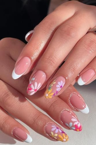 Spring Daisy Bloom – White French Tips with Multicolor Floral Art | Press-On Nails Kit – 10 Nails + Glue + Tabs + File | Reusable & Long Lasting – Hall of Nails