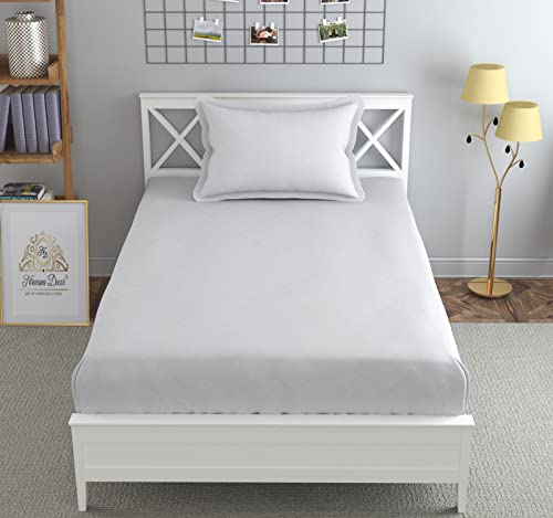 Image of Fitzy 280 TC Fitted bedsheet Single Size, Elastic bedsheet,36x78 inches + 10 inches Drop, with 1 Pillow Cover (Damass-White, 36 inch x 78 inch)