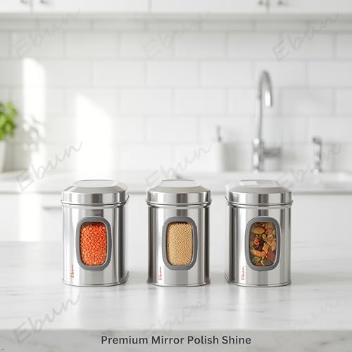 Image of Ebun Stainless Steel See Through Containers | Stainless Steel Container with Lid | Capsule Shape Steel Kitchen Containers Set | Steel Airtight Container | 1 Kgs Capacity Approx | Pack of 6