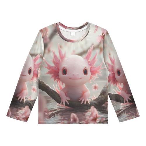 Pink Axolotl with Cherry Blossoms Boys Rash Guard Long Sleeve UPF 50+ Boys Swim Shirt Quick Dry Shirt for 3-12 Years