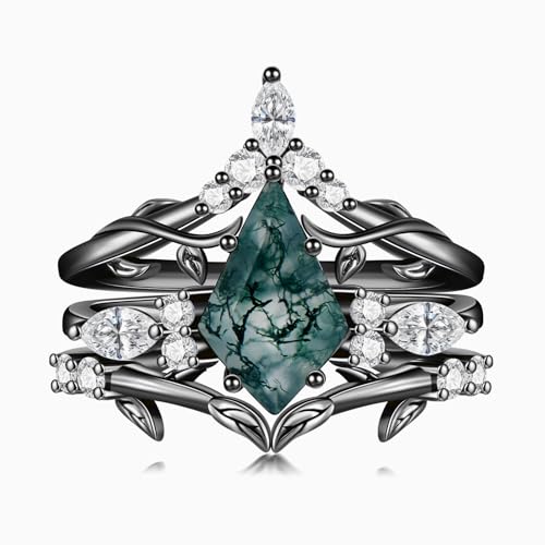 Natural Moss Agate Rings for Women Personalized Sterling Silver/10K/14K/18K Gold Moss Agate Ring for Women Wife Size 4-15