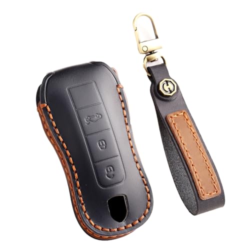 TECART Smart Car Key Case Leather Key Case Fits Porsche 911 Cayenne Panamera Taycan Carrera Car Key Case Key Case Key Case Key Protector 3 Buttons Black